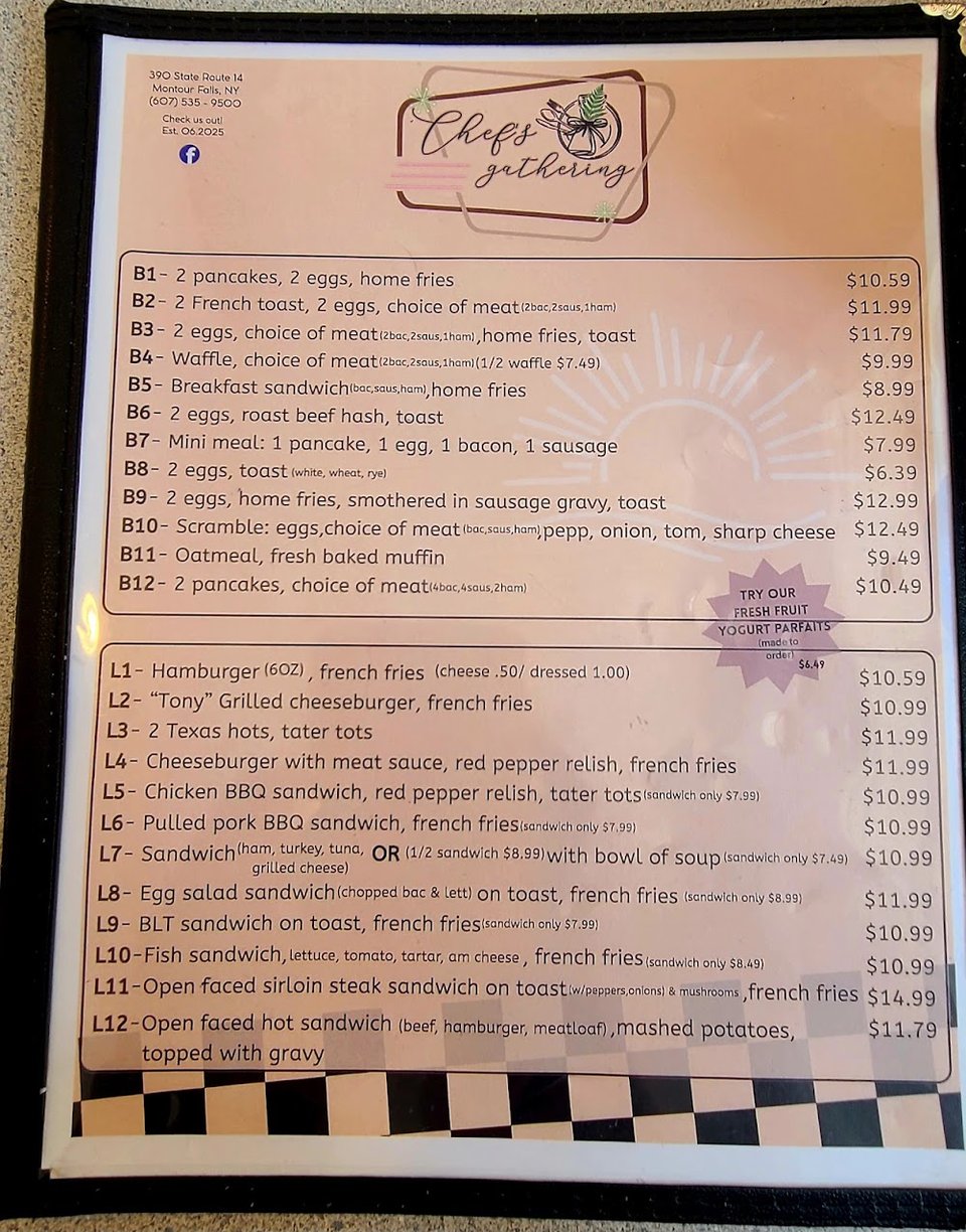Printed menu with breakfast and lunch choices.