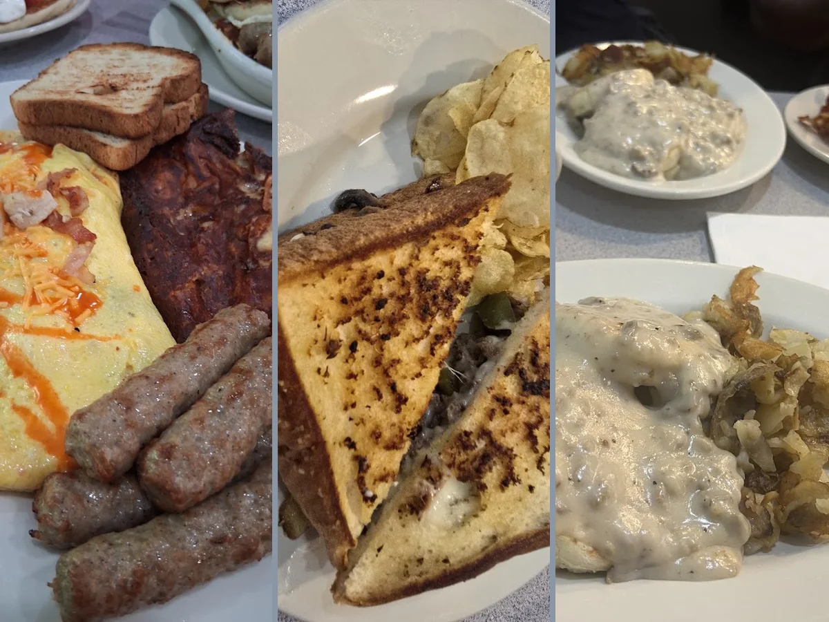 Breakfast dishes in a cozy restaurant setting.